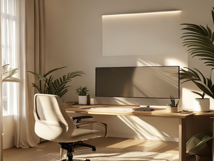 Modern minimalistisk arbetsplats med ergonomisk stol och höjd-justerbar skrivbord